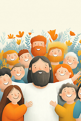 JPG 여자 남자 꽃 행복 기독교 어린이 일러스트 팔벌리기 웃음 소녀 소년 여러명 상반신 성인 풀 예수 단체사진 국내일러스트 AI일러스트 AI콘텐츠 식물 감정 종교 다수 모션 표정 사람 신_종교 기념사진 파일형식