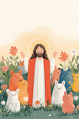 JPG 전신 동물 여자 남자 꽃 행복 기독교 일러스트 팔벌리기 웃음 잔디 여러명 성인 햇빛 토끼 풀 예수 국내일러스트 AI일러스트 AI콘텐츠 식물 감정 종교 다수 포유류 모션 표정 사람 반려동물 태양 신_종교 파일형식