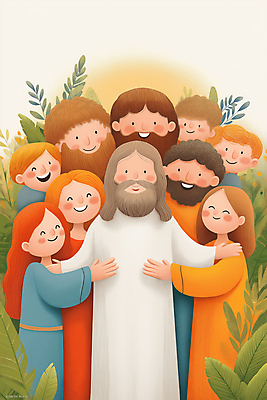 JPG 여자 남자 행복 기독교 어린이 잎 일러스트 팔벌리기 웃음 소녀 소년 여러명 상반신 성인 풀 예수 국내일러스트 AI일러스트 AI콘텐츠 식물 감정 종교 다수 모션 표정 사람 신_종교 파일형식