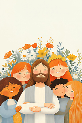 JPG 여자 남자 꽃 행복 기독교 어린이 일러스트 웃음 소녀 소년 여러명 상반신 성인 팔짱 풀 예수 국내일러스트 AI일러스트 AI콘텐츠 식물 감정 종교 다수 모션 표정 사람 신_종교 파일형식