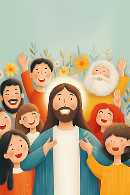 JPG 여자 노년 남자 꽃 행복 기독교 어린이 일러스트 웃음 소녀 소년 여러명 상반신 성인 손들기 풀 예수 국내일러스트 AI일러스트 AI콘텐츠 식물 감정 종교 다수 모션 표정 사람 신_종교 파일형식