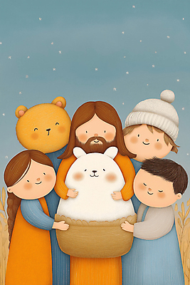 JPG 여자 남자 꽃 행복 기독교 어린이 일러스트 곰 안기 털모자 웃음 소녀 소년 여러명 상반신 성인 예수 국내일러스트 AI일러스트 AI콘텐츠 식물 동물 모자_잡화 감정 종교 다수 포유류 모션 표정 사람 신_종교 파일형식