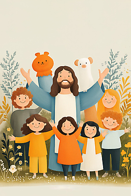 JPG 전신 동물 여자 남자 꽃 행복 기독교 어린이 일러스트 팔벌리기 웃음 소녀 소년 여러명 성인 풀 예수 단체사진 국내일러스트 AI일러스트 AI콘텐츠 식물 감정 종교 다수 모션 표정 사람 신_종교 기념사진 파일형식