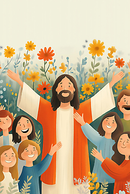 JPG 여자 남자 꽃 행복 기독교 어린이 일러스트 팔벌리기 웃음 소녀 소년 여러명 상반신 성인 풀 예수 국내일러스트 AI일러스트 AI콘텐츠 식물 감정 종교 다수 모션 표정 사람 신_종교 파일형식