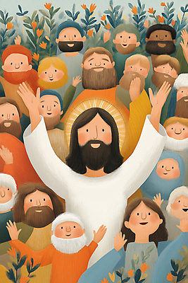 JPG 여자 노년 남자 행복 기독교 어린이 일러스트 팔벌리기 웃음 소녀 소년 여러명 상반신 성인 풀 예수 국내일러스트 AI일러스트 AI콘텐츠 식물 감정 종교 다수 모션 표정 사람 신_종교 파일형식