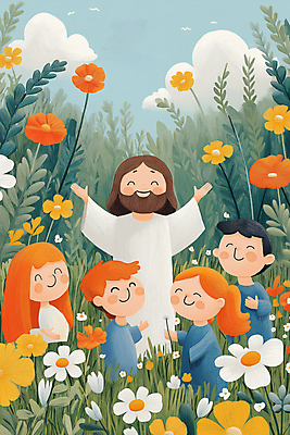 JPG 여자 남자 꽃 행복 기독교 어린이 일러스트 팔벌리기 웃음 소녀 소년 여러명 상반신 성인 풀 예수 단체사진 국내일러스트 AI일러스트 AI콘텐츠 식물 감정 종교 다수 모션 표정 사람 신_종교 기념사진 파일형식