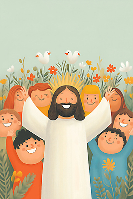 JPG 여자 남자 꽃 행복 기독교 어린이 일러스트 조류 팔벌리기 웃음 소녀 소년 여러명 상반신 성인 풀 예수 단체사진 국내일러스트 AI일러스트 AI콘텐츠 식물 동물 감정 종교 다수 모션 표정 사람 신_종교 기념사진 파일형식