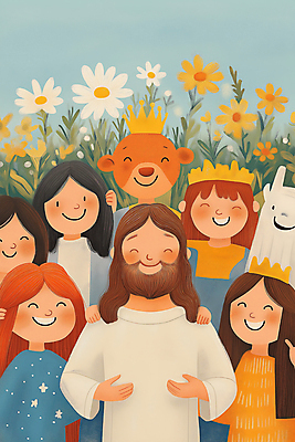 JPG 동물 여자 남자 꽃 행복 기독교 어린이 일러스트 웃음 소녀 여러명 상반신 성인 풀 예수 국내일러스트 AI일러스트 AI콘텐츠 식물 감정 종교 다수 표정 사람 신_종교 파일형식