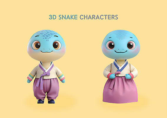 PSD 편집이미지 한국전통 새해 3D캐릭터 서기 사람없음 3D 추석 뱀띠 뱀 한복 신년캐릭터 2025년 을사년 편집3D 푸른뱀 푸른뱀캐릭터 캐릭터 전통 명절 파충류 모션 한국 십이지신 전통의상 연도 디지털합성 뱀캐릭터 파일형식