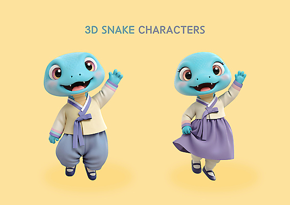 PSD 편집이미지 한국전통 새해 3D캐릭터 사람없음 3D 손들기 추석 점프 뱀띠 뱀 한복 신년캐릭터 2025년 을사년 편집3D 푸른뱀 푸른뱀캐릭터 캐릭터 전통 명절 파충류 모션 한국 십이지신 전통의상 연도 디지털합성 뱀캐릭터 파일형식