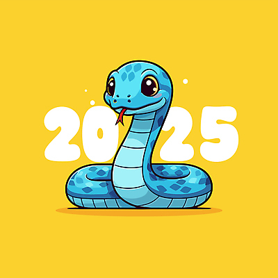 캐릭터 일러스트 새해 사람없음 파란색 숫자 노란색 귀여움 뱀띠 뱀 2025년 을사년 국내일러스트 일러캐릭터 푸른뱀 푸른뱀캐릭터 AI파일 문자 컬러 컨셉 파충류 십이지신 연도 뱀캐릭터 파일형식 벡터