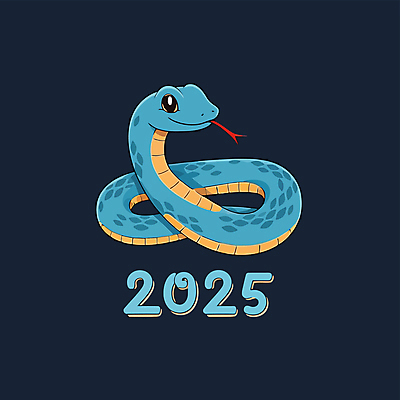 캐릭터 일러스트 새해 사람없음 파란색 숫자 귀여움 검은색 뱀띠 뱀 2025년 을사년 국내일러스트 일러캐릭터 푸른뱀 푸른뱀캐릭터 AI파일 문자 컬러 컨셉 파충류 십이지신 연도 뱀캐릭터 파일형식 벡터