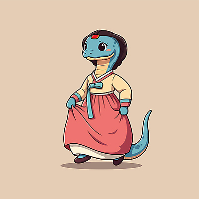 전신 캐릭터 일러스트 사람없음 걷기 귀여움 잡기 뱀띠 뱀 한복 베이지색 일러캐릭터 푸른뱀캐릭터 AI파일 한국전통 컬러 컨셉 파충류 모션 십이지신 전통의상 뱀캐릭터 파일형식 벡터