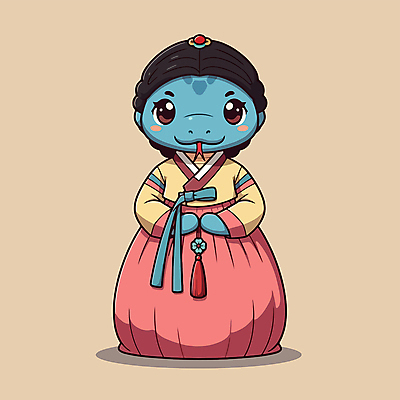 전신 캐릭터 일러스트 서기 사람없음 귀여움 뱀띠 뱀 한복 베이지색 일러캐릭터 푸른뱀캐릭터 AI파일 한국전통 컬러 컨셉 파충류 모션 십이지신 전통의상 뱀캐릭터 파일형식 벡터