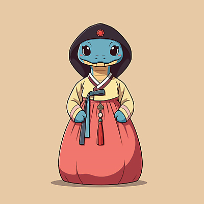 전신 캐릭터 일러스트 서기 사람없음 귀여움 뱀띠 뱀 한복 베이지색 일러캐릭터 푸른뱀캐릭터 AI파일 한국전통 컬러 컨셉 파충류 모션 십이지신 전통의상 뱀캐릭터 파일형식 벡터