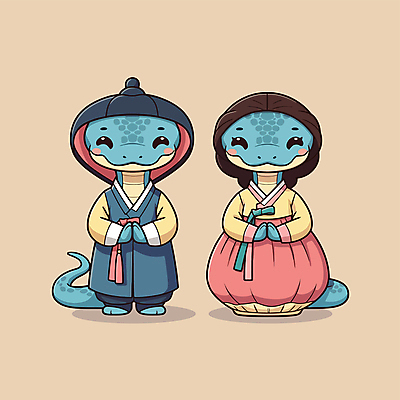 전신 캐릭터 일러스트 웃음 사람없음 귀여움 뱀띠 뱀 한복 손모으기 베이지색 일러캐릭터 푸른뱀캐릭터 AI파일 한국전통 컬러 컨셉 파충류 표정 손짓 십이지신 전통의상 뱀캐릭터 파일형식 벡터