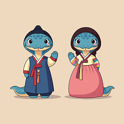 전신 캐릭터 일러스트 서기 사람없음 귀여움 뱀띠 뱀 한복 손인사 베이지색 일러캐릭터 푸른뱀캐릭터 AI파일 한국전통 컬러 컨셉 파충류 모션 십이지신 인사 전통의상 뱀캐릭터 파일형식 벡터