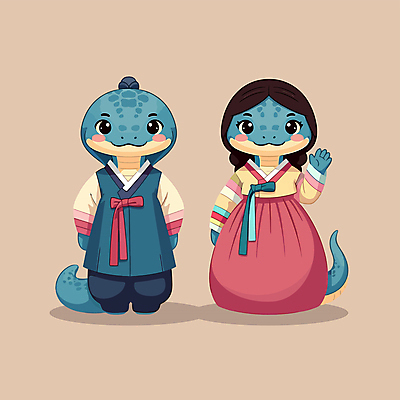 전신 캐릭터 일러스트 서기 사람없음 귀여움 뱀띠 뱀 한복 손인사 베이지색 일러캐릭터 푸른뱀캐릭터 AI파일 한국전통 컬러 컨셉 파충류 모션 십이지신 인사 전통의상 뱀캐릭터 파일형식 벡터