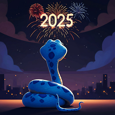 JPG 일러스트 밤하늘 새해 불꽃놀이 사람없음 축제 도시 뱀 국내일러스트 푸른뱀 푸른뱀캐릭터 AI일러스트 AI콘텐츠 파충류 놀이 하늘 야간 뱀캐릭터 파일형식