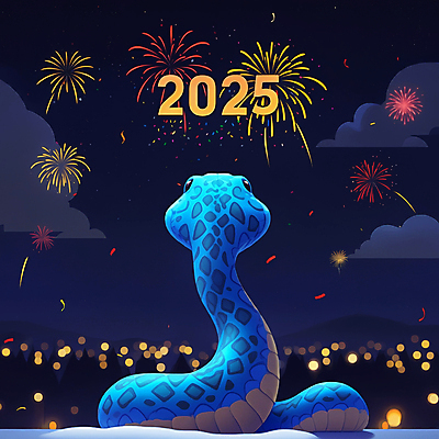 JPG 일러스트 밤하늘 새해 불꽃놀이 사람없음 축제 뱀 국내일러스트 푸른뱀 푸른뱀캐릭터 AI일러스트 AI콘텐츠 파충류 놀이 하늘 야간 뱀캐릭터 파일형식
