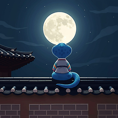 JPG 일러스트 밤하늘 새해 풍경 사람없음 고요 보름달 한복 달빛 달맞이 기와담장 을사년 국내일러스트 푸른뱀 푸른뱀캐릭터 AI일러스트 AI콘텐츠 한국전통 하늘 기와 담장 달 뱀 야간 전통의상 뱀캐릭터 파일형식 2025년