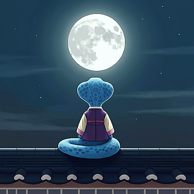 JPG 고건축 일러스트 밤하늘 새해 풍경 사람없음 고요 보름달 한복 달빛 사색 달맞이 기와담장 을사년 국내일러스트 푸른뱀 푸른뱀캐릭터 AI일러스트 AI콘텐츠 한국전통 건축물 생각 하늘 기와 담장 달 뱀 야간 전통의상 뱀캐릭터 파일형식 2025년