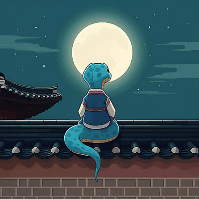 JPG 고건축 일러스트 밤하늘 새해 풍경 사람없음 고요 보름달 한복 달빛 사색 달맞이 기와담장 을사년 국내일러스트 푸른뱀 푸른뱀캐릭터 AI일러스트 AI콘텐츠 한국전통 건축물 생각 하늘 기와 담장 달 뱀 야간 전통의상 뱀캐릭터 파일형식 2025년