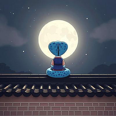 JPG 일러스트 밤하늘 새해 한옥 풍경 사람없음 고요 보름달 한복 달빛 사색 달맞이 기와담장 을사년 국내일러스트 푸른뱀 푸른뱀캐릭터 AI일러스트 AI콘텐츠 한국전통 고건축 생각 하늘 기와 담장 달 뱀 야간 전통의상 뱀캐릭터 파일형식 2025년