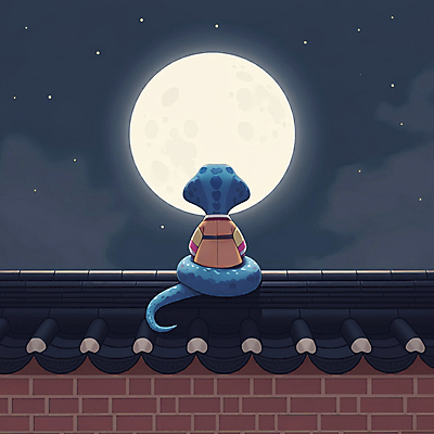 JPG 고건축 일러스트 밤하늘 새해 사람없음 고요 보름달 한복 달빛 사색 달맞이 기와담장 을사년 국내일러스트 푸른뱀 푸른뱀캐릭터 AI일러스트 AI콘텐츠 한국전통 건축물 생각 하늘 기와 담장 달 뱀 야간 전통의상 뱀캐릭터 파일형식 2025년