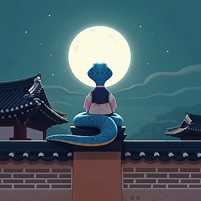 JPG 고건축 일러스트 밤하늘 새해 풍경 사람없음 고요 보름달 한복 달빛 사색 달맞이 기와담장 을사년 국내일러스트 푸른뱀 푸른뱀캐릭터 AI일러스트 AI콘텐츠 한국전통 건축물 생각 하늘 기와 담장 달 뱀 야간 전통의상 뱀캐릭터 파일형식 2025년