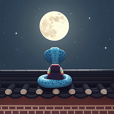 JPG 일러스트 밤하늘 새해 풍경 사람없음 고요 보름달 한복 달빛 사색 달맞이 기와담장 을사년 국내일러스트 푸른뱀 푸른뱀캐릭터 AI일러스트 AI콘텐츠 한국전통 생각 하늘 기와 담장 달 뱀 야간 전통의상 뱀캐릭터 파일형식 2025년