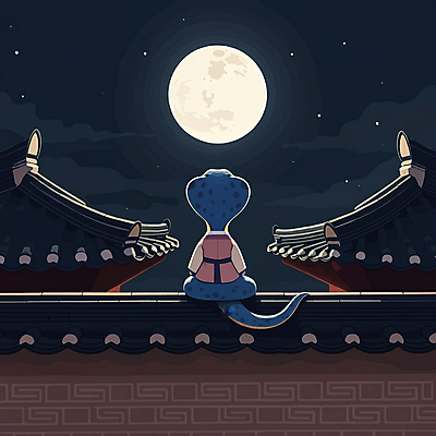 JPG 고건축 일러스트 밤하늘 새해 풍경 사람없음 고요 보름달 한복 달빛 사색 달맞이 기와담장 을사년 국내일러스트 푸른뱀 푸른뱀캐릭터 AI일러스트 AI콘텐츠 한국전통 건축물 생각 하늘 기와 담장 달 뱀 야간 전통의상 뱀캐릭터 파일형식 2025년