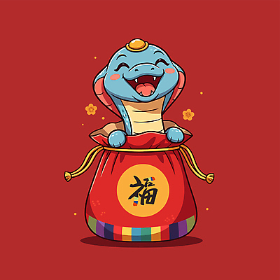 캐릭터 전통 행복 일러스트 복주머니 웃음 사람없음 빨간색 귀여움 뱀띠 뱀 행운 일러캐릭터 푸른뱀 푸른뱀캐릭터 AI파일 감정 컬러 컨셉 파충류 전통소품 표정 십이지신 뱀캐릭터 파일형식 벡터