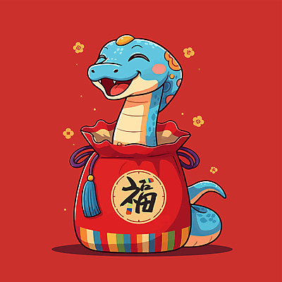 캐릭터 전통 행복 일러스트 복주머니 웃음 사람없음 빨간색 귀여움 뱀띠 뱀 행운 일러캐릭터 푸른뱀 푸른뱀캐릭터 AI파일 감정 컬러 컨셉 파충류 전통소품 표정 십이지신 뱀캐릭터 파일형식 벡터