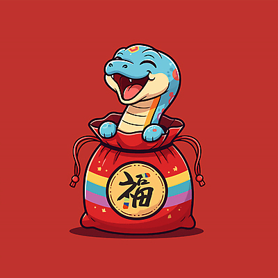 캐릭터 전통 행복 일러스트 복주머니 웃음 사람없음 빨간색 귀여움 뱀띠 뱀 행운 일러캐릭터 푸른뱀 푸른뱀캐릭터 AI파일 감정 컬러 컨셉 파충류 전통소품 표정 십이지신 뱀캐릭터 파일형식 벡터