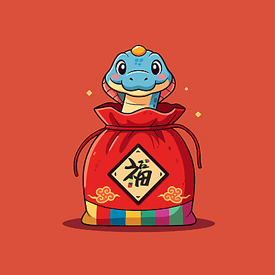 캐릭터 전통 행복 일러스트 복주머니 웃음 사람없음 빨간색 귀여움 뱀띠 뱀 행운 일러캐릭터 푸른뱀 푸른뱀캐릭터 AI파일 감정 컬러 컨셉 파충류 전통소품 표정 십이지신 뱀캐릭터 파일형식 벡터