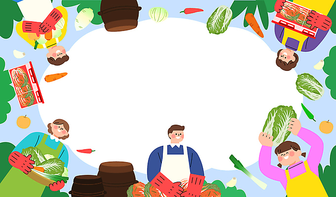 여자 남자 어린이 일러스트 가족 고추 김치 프레임 들기 소녀 소년 여러명 상반신 성인 파란색 항아리 무 배추 김장 파 김장재료 김치속 김치의날 국내일러스트 AI파일 기념일 한식 컬러 다수 채소 식재료 관계 모션 뿌리채소 사람 도자기 파일형식 벡터