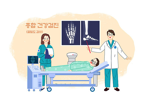 전신 PSD 여자 남자 일러스트 의료기기 뼈 들기 성인 세명 눕기 환자 간호사 의사 검사_조사 건강검진 베이지색 성인만 골밀도 국내일러스트 컬러 의학 모션 사람 의료진 파일형식