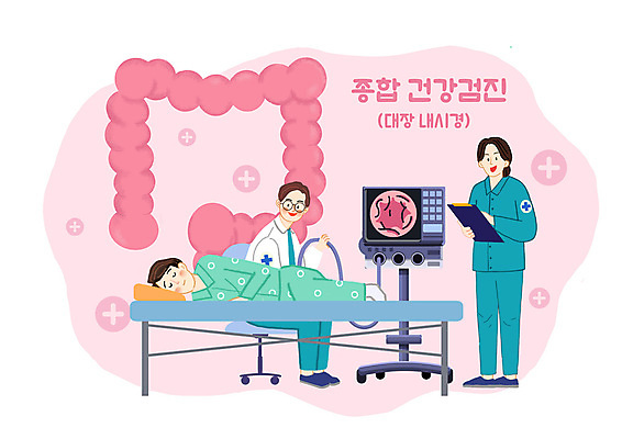 전신 PSD 여자 남자 분홍색 일러스트 의료기기 성인 세명 눕기 환자 간호사 의사 대장 건강검진 대장내시경 성인만 국내일러스트 컬러 의학 모션 사람 의료진 장기_의학 검사_조사 내시경 파일형식