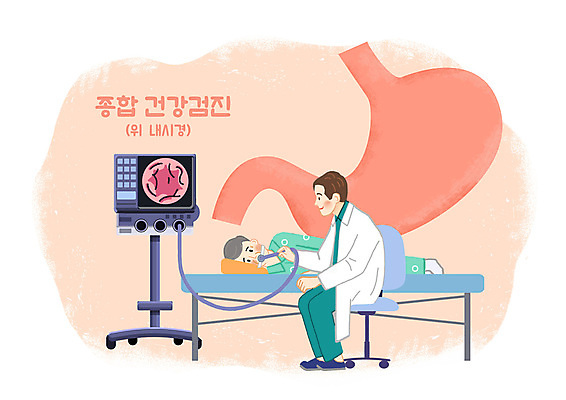 전신 PSD 노년 남자 일러스트 의료기기 앉기 성인 두명 눕기 환자 의사 위장 건강검진 살구색 위내시경 남자만 국내일러스트 컬러 의학 모션 사람 의료진 장기_의학 검사_조사 내시경 파일형식