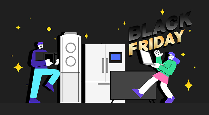 전신 여자 남자 일러스트 들기 성인 두명 노트북 전자제품 반짝임 텔레비전 금색 전자레인지 구매 상품 에어컨 냉장고 성인만 블랙프라이데이 코리아세일페스타 국내일러스트 AI파일 컬러 모션 데이이벤트 사람 쇼핑 세일 축제 가전제품 레인지 파일형식 벡터