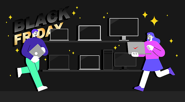 전신 여자 남자 일러스트 들기 성인 두명 노트북 전자제품 반짝임 달리기 모니터 금색 구매 상품 성인만 블랙프라이데이 코리아세일페스타 국내일러스트 AI파일 컬러 모션 데이이벤트 사람 쇼핑 컴퓨터 세일 축제 파일형식 벡터