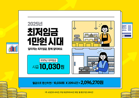 PSD 편집이미지 여자 화살표 노동자 사람 상반신 성인 두명 노란색 빵집 상승 아르바이트 월급 동전탑 정책 편의점 성인여자만 최저임금 이미지편집 직업 컬러 컨셉 경제 쌓기 상점 동전 여자만 성인만 파일형식