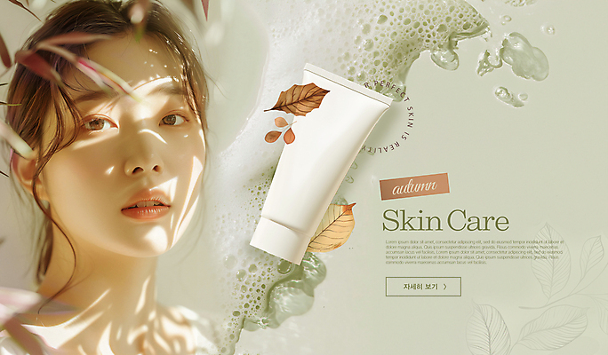 PSD 모델 템플릿 여자 낙엽 한명 상반신 성인 연두색 햇빛 화장 뷰티 화장품 거품 가을 스킨케어 튜브용기 의료성형뷰티 성인여자한명만 이미지템플릿 1 계절 잎 사람 초록색 태양 용기_그릇 여자한명만 성인여자만 파일형식