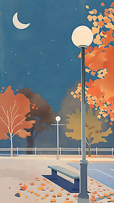 PSD 단풍 낙엽 가로등 벤치 일러스트 하늘 단풍나무 풍경 사람없음 울타리 가을 테니스장 저녁 초승달 국내일러스트 나무 계절 공공시설 잎 의자 스포츠시설 담장 달 야간 파일형식
