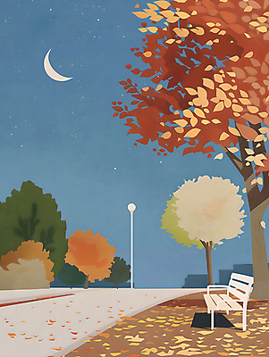 PSD 길 단풍 낙엽 가로등 벤치 일러스트 밤하늘 하늘 단풍나무 풍경 사람없음 건물 가을 저녁 초승달 국내일러스트 나무 건축물 계절 공공시설 잎 의자 달 야간 파일형식