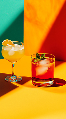 JPG 편집이미지 오렌지 그림자 사람없음 주황색 칵테일 민트 칵테일잔 슬라이스 편집실사 AI포토 AI콘텐츠 컬러 술잔 과일 주류 허브 CG 파일형식