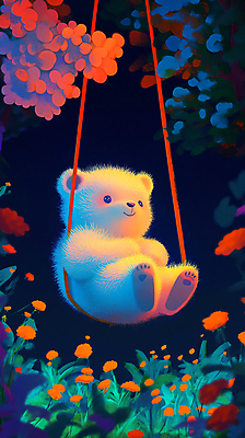 JPG 편집이미지 꽃 곰 상상 자연 나뭇잎 사람없음 숲 디지털합성 그네 색감 편집실사 AI컴퓨터그래픽 AI콘텐츠 식물 동물 잎 포유류 CG 생태계 파일형식