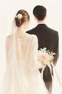 JPG 편집이미지 부부 드레스 여자 남자 부케 웨딩드레스 결혼 결혼식 면사포 사랑 들기 턱시도 상반신 성인 두명 뒷모습 성인만 편집실사 커플 옷 감정 뷰포인트 꽃다발 모션 사람 정장 이벤트 CG 결혼소품 파일형식