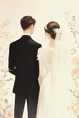 JPG 편집이미지 부부 드레스 여자 남자 웨딩드레스 결혼 결혼식 면사포 사랑 턱시도 상반신 성인 두명 뒷모습 성인만 편집실사 커플 옷 감정 뷰포인트 사람 정장 이벤트 CG 결혼소품 파일형식